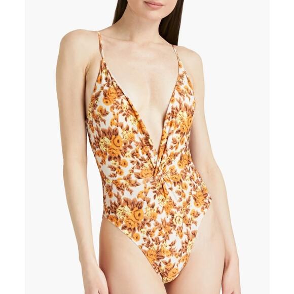 NEW Jonathan Simkhai Ingrid Gathered Floral Deep V-Neck One Piece Swimsuit - Picture 1 of 11